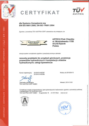 Certyfikat EN ISO 9001:2008, EN ISO 14001:2004